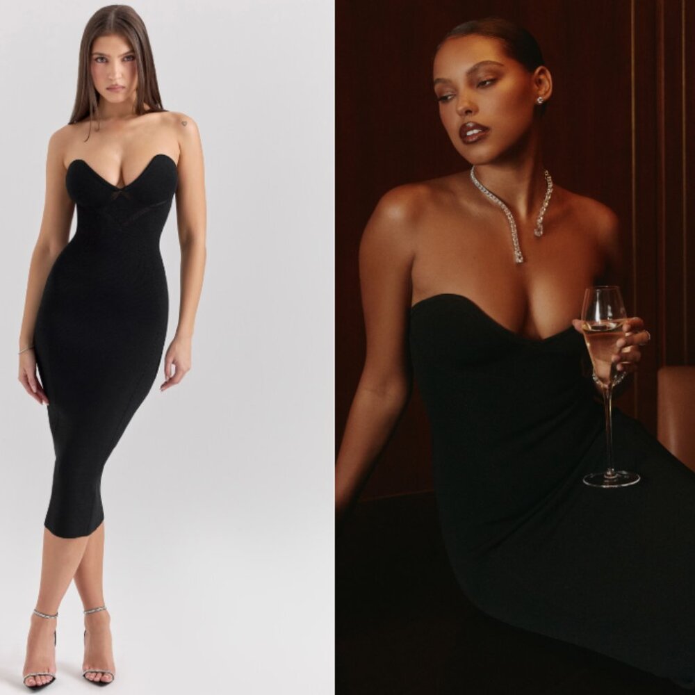 House of CB Magdalena black strapless midi dress NWT